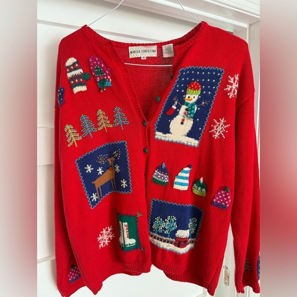 Vintage Marisa Christina Festive Snowman Red Cardigan fits L-XL
